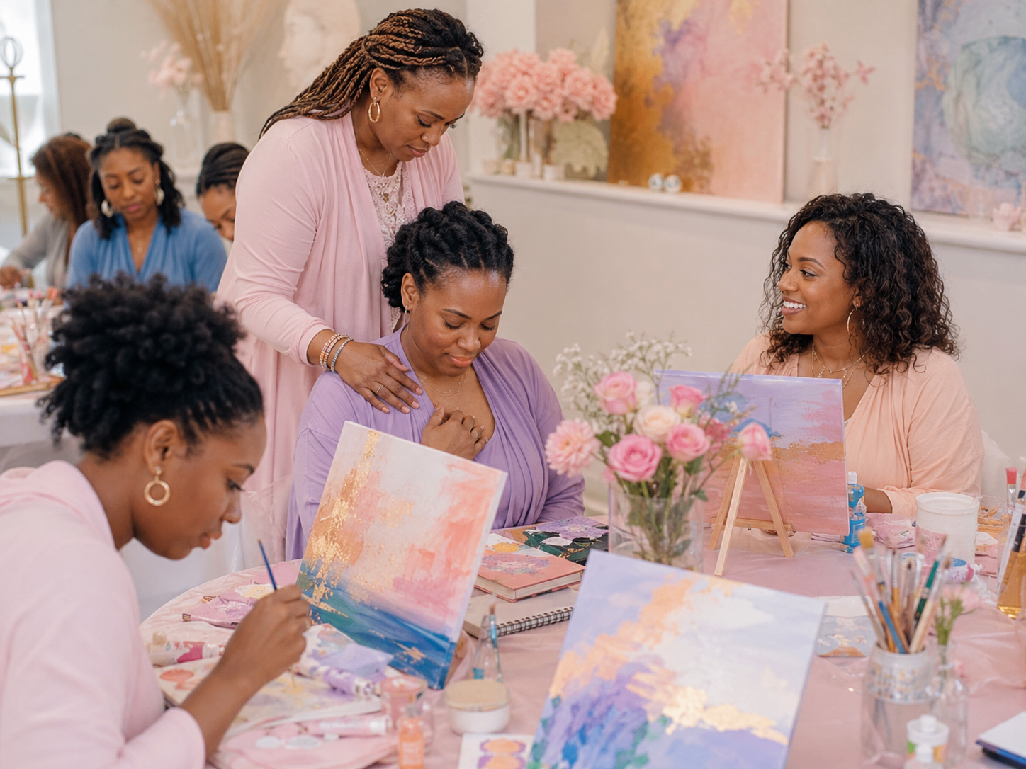 Sisters supporting one another in an atelier setting