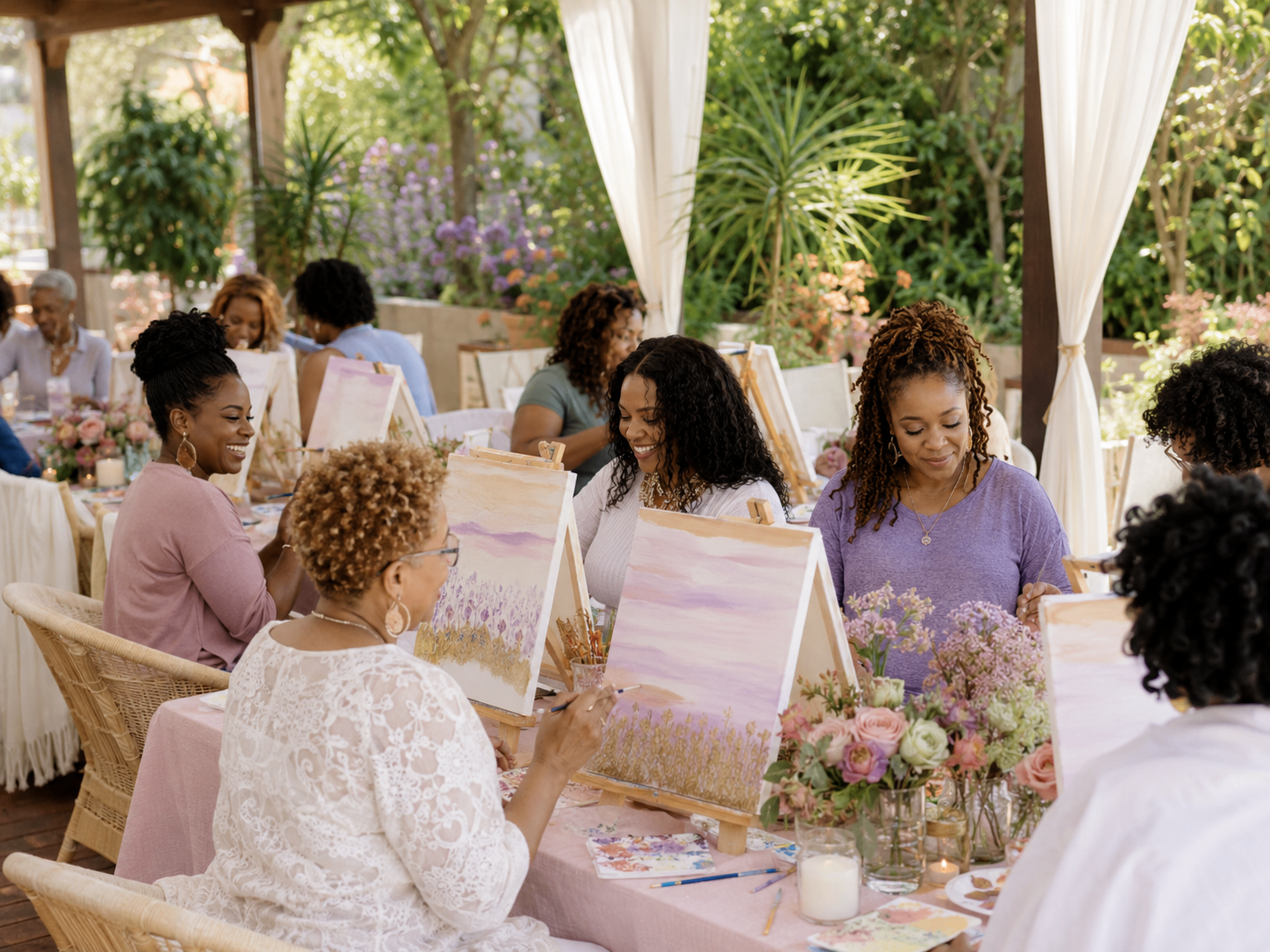 Women painting together in a garden pavilion