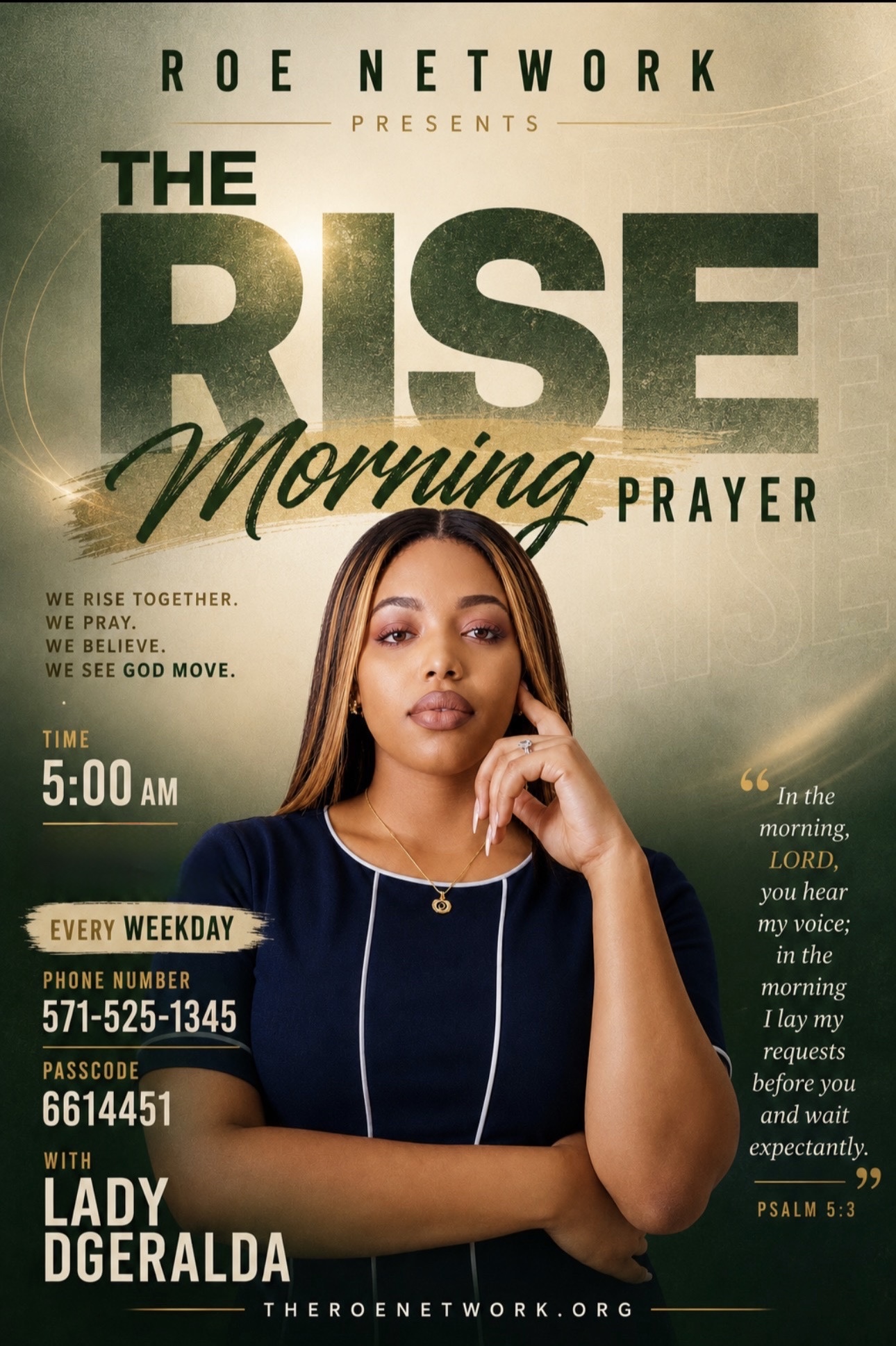 The Rise Morning Prayer flyer — every weekday at 5:00 AM with Lady DGeralda